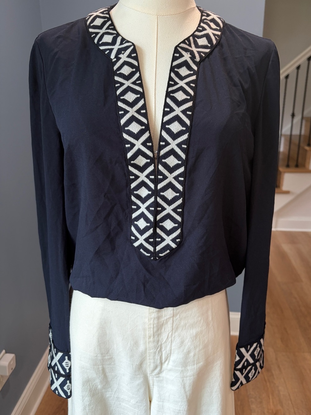 Tory Burch Navy Embroidered Tunic Blouse Size 8